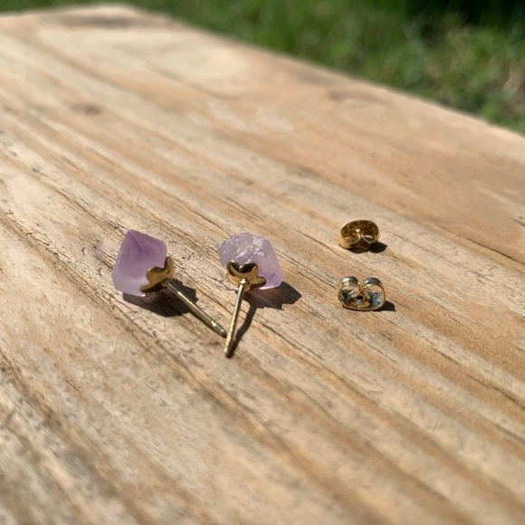 Dainty Raw Amethyst Gemstone Studs - Picture 3 of 7